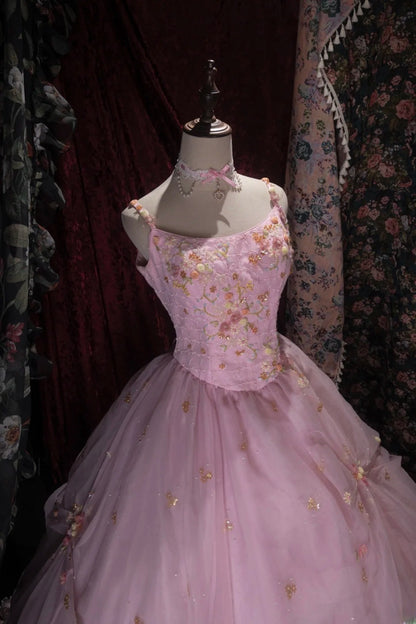 Sweet Ball Gown Spaghetti Straps Pink Tulle With Gold Beading Long Quince Dress Quinceanera Dresses Formal Birthday Outfits RB8055