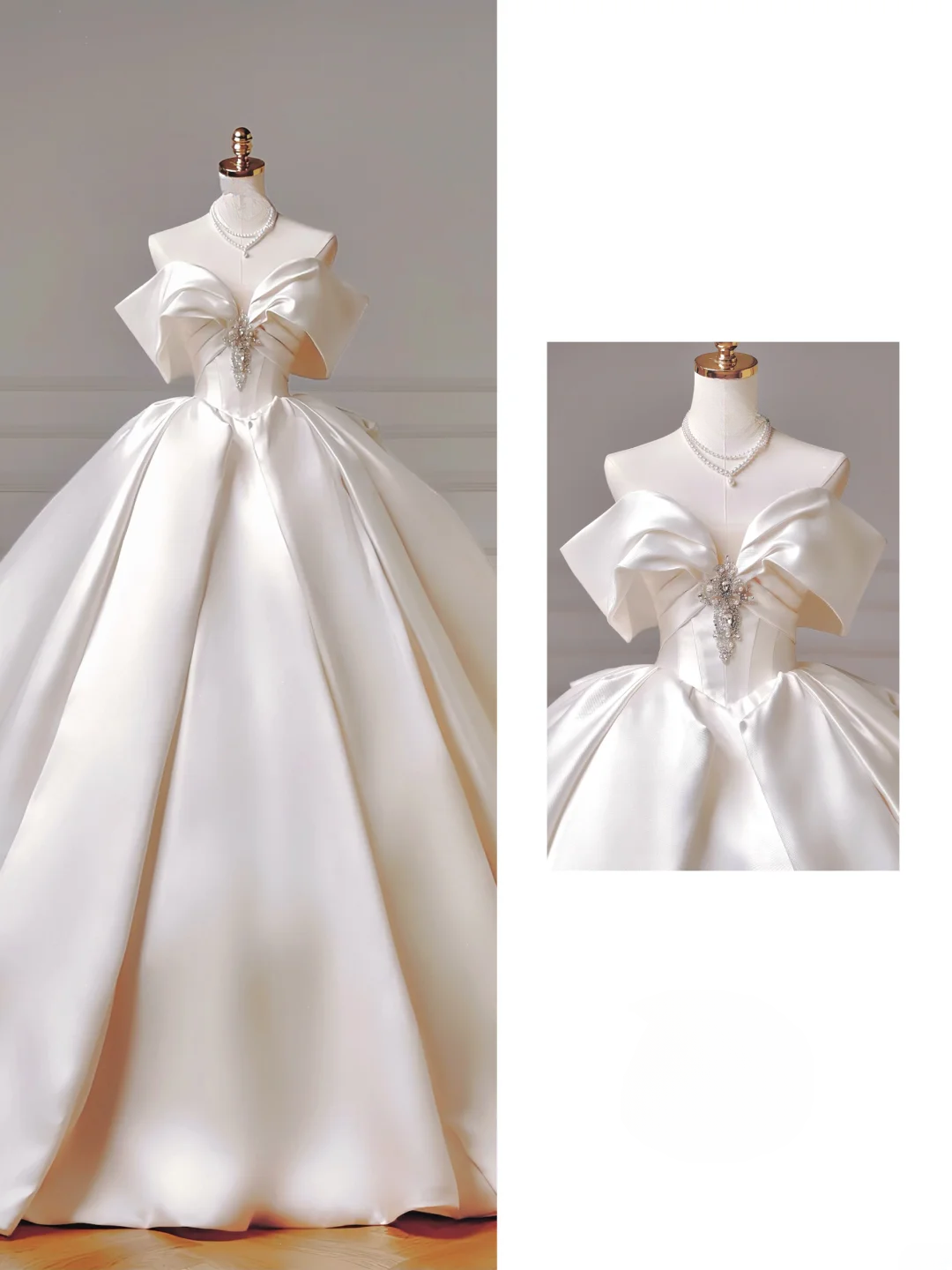 Princess Long Wedding Gowns Ball Gown Off The Shoulder Satin For Bride With Short Sleeves Bridal Dresses AQ030