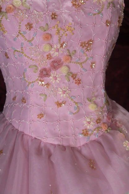 Sweet Ball Gown Spaghetti Straps Pink Tulle With Gold Beading Long Quince Dress Quinceanera Dresses Formal Birthday Outfits RB8055