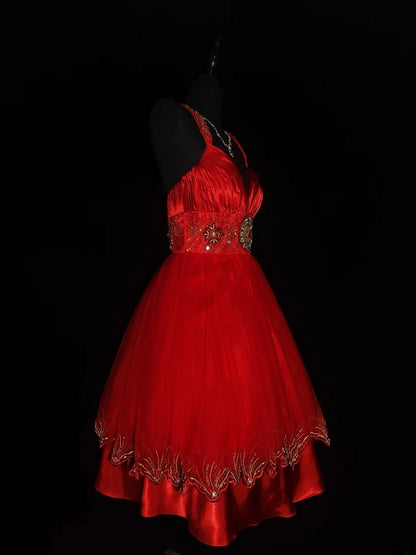Vintage Ball Gown Sweetheart Red Tulle Hoco Gowns Short 16th Birthday Dress Homecoming Dresses Cocktail Gown AS030