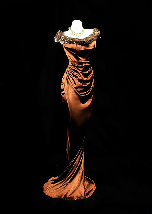 Modest Prom Dresses Mermaid Off The Shoulder Brown Satin With Sequin Evening Dress Formal Outfits RB5839