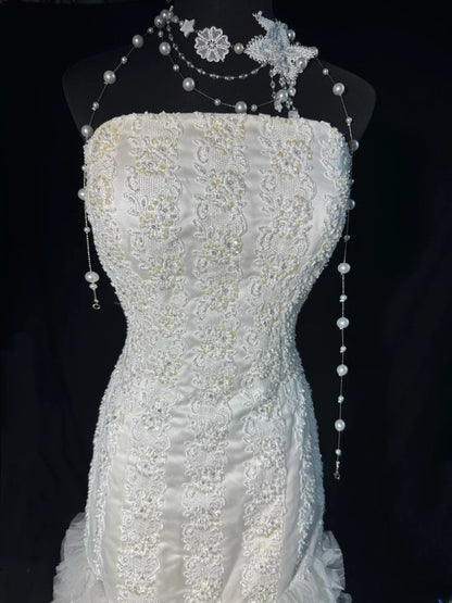 Elegant Mermaid Strapless Sleeveless White Lace Tiered Long Vintage Fitted 1920s Wedding Dresses AS030