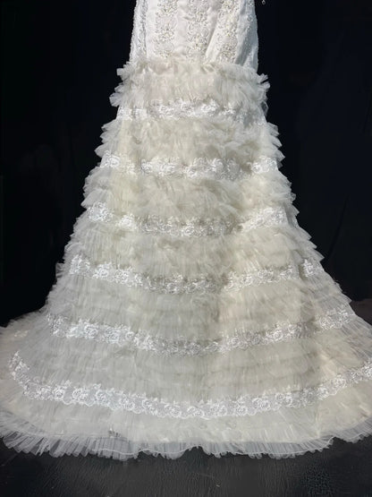 Elegant Mermaid Strapless Sleeveless White Lace Tiered Long Vintage Fitted 1920s Wedding Dresses AS030