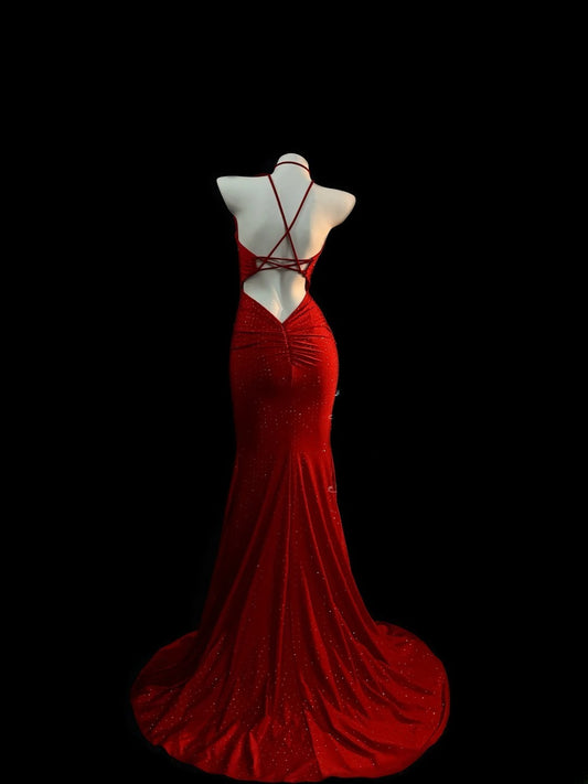 Vintage Prom Dresses Mermaid Sweetheart Red Backless Satin With Beading Crystals Long Evening Formal Outfits RB3371