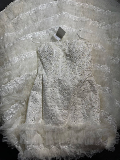 Elegant Mermaid Strapless Sleeveless White Lace Tiered Long Vintage Fitted 1920s Wedding Dresses AS030