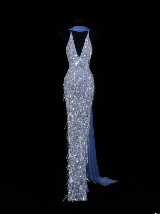 Affordable Sequin 1950s Formal Mermaid V Neck Halter Blue With Beads Style Impress Long Prom Dresses Party Formal Gowns SA031