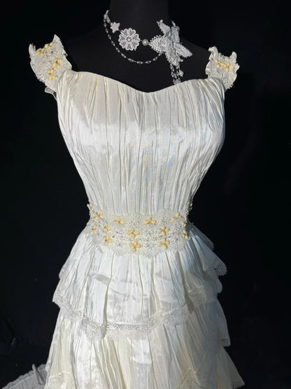 Timeless Women's A Line Strapless Sleeveless White Lace Tiered Satin Long Vintage Fitted 1920s Wedding Dresses AS031