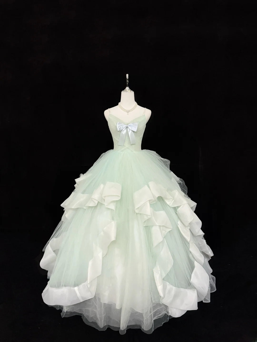 Magical Ball Gown Spaghetti Strap Mint Green Tulle With Ruffled Quince Dress Voluminous Sweet 16 Sweet Sixteen Outfits Vestido de RB7402