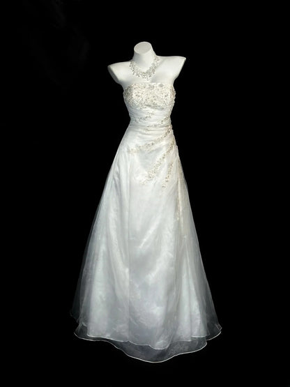Classy Prom Dresses Ball Gown Strapless White Tulle Sleeveless With Lace Evening Dress Formal Outfits RB5840