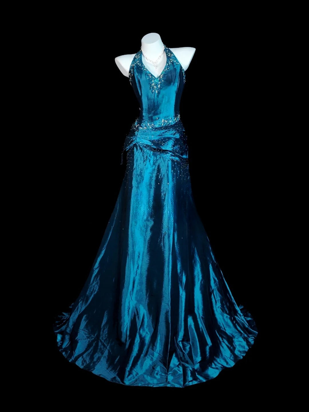 Blue Prom Dress Mermaid Halter Satin With Beading Modest Floor Length Formal Party Gown RB9834