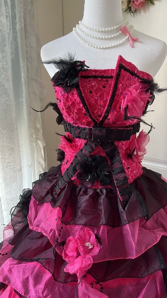 Sweet 16 Dresses Long Strapless Hot Pink Black With Tiered Layers Ball Gown Sweet Sixteen Birthday Gown RC0401