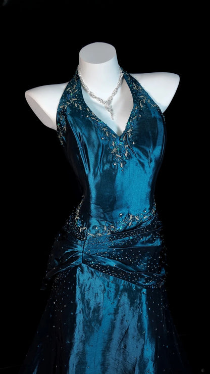 Blue Prom Dress Mermaid Halter Satin With Beading Modest Floor Length Formal Party Gown RB9834