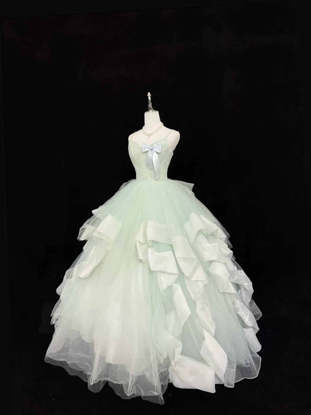 Magical Ball Gown Spaghetti Strap Mint Green Tulle With Ruffled Quince Dress Voluminous Sweet 16 Sweet Sixteen Outfits Vestido de RB7402