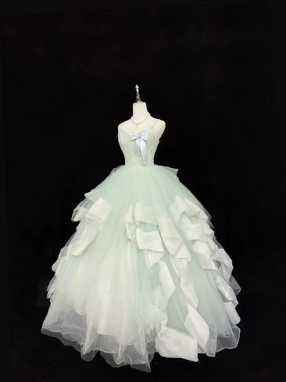 Magical Ball Gown Spaghetti Strap Mint Green Tulle With Ruffled Quince Dress Voluminous Sweet 16 Sweet Sixteen Outfits Vestido de RB7402