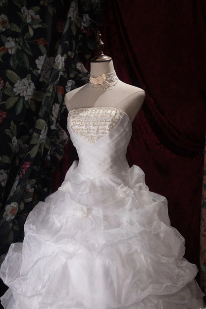 Sweet Ball Gown Strapless White Tulle With Gold Beading Long Quince Dress Quinceanera Dresses Formal Birthday Outfits RB8056