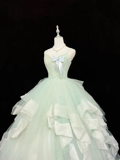 Magical Ball Gown Spaghetti Strap Mint Green Tulle With Ruffled Quince Dress Voluminous Sweet 16 Sweet Sixteen Outfits Vestido de RB7402