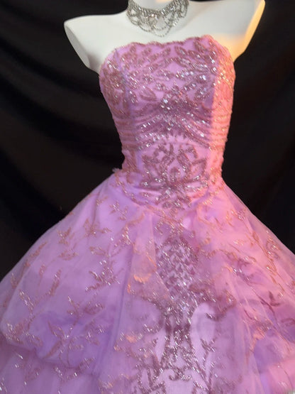 Cute Ball Gown Strapless Lilac Sequin Tulle With Beading Long Quinceanera Dress vestido de 15 de cenicienta RB3372