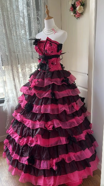 Sweet 16 Dresses Long Strapless Hot Pink Black With Tiered Layers Ball Gown Sweet Sixteen Birthday Gown RC0401