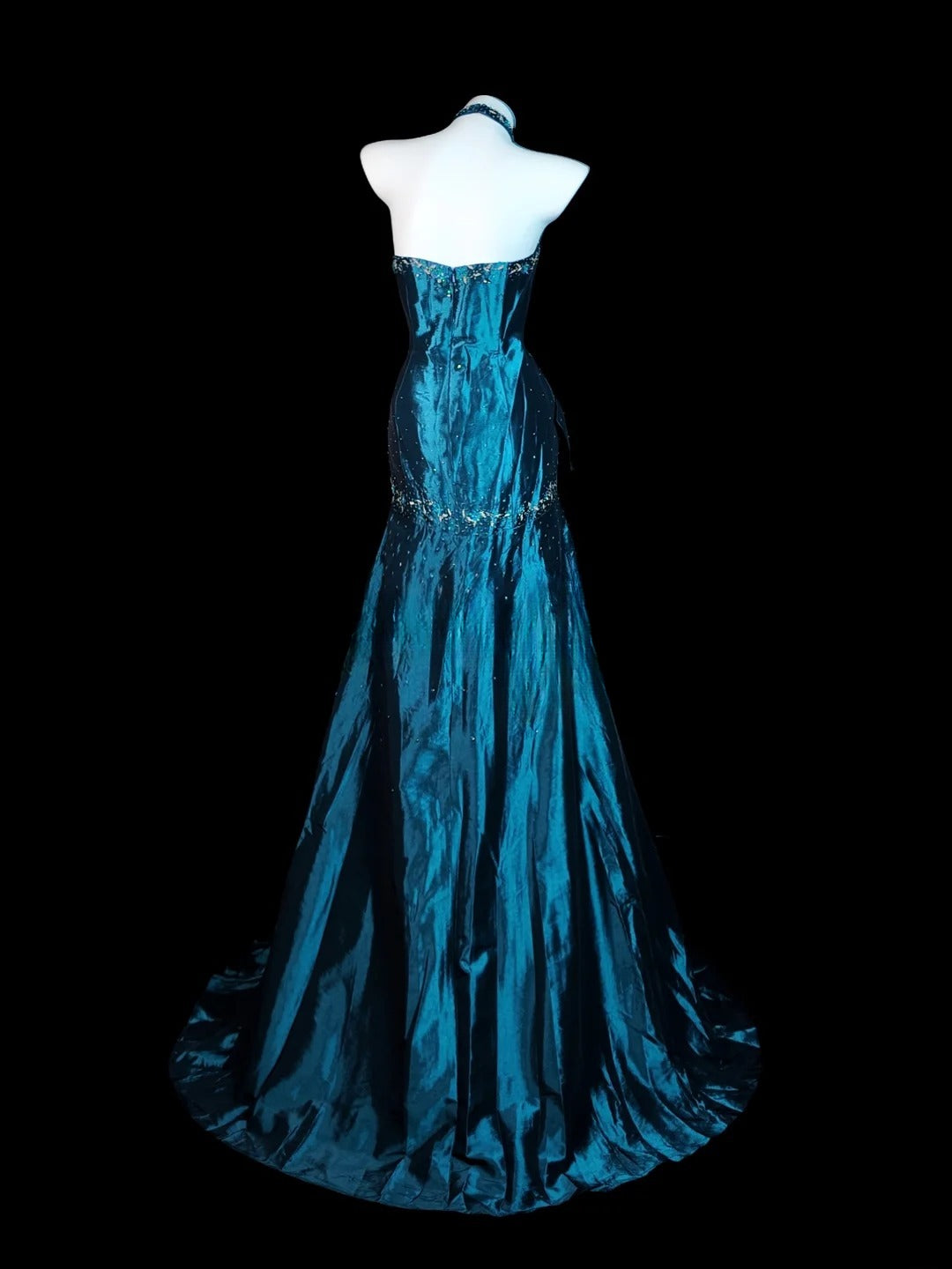 Blue Prom Dress Mermaid Halter Satin With Beading Modest Floor Length Formal Party Gown RB9834