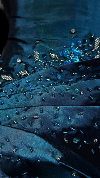 Blue Prom Dress Mermaid Halter Satin With Beading Modest Floor Length Formal Party Gown RB9834