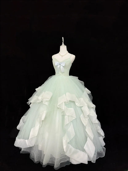 Magical Ball Gown Spaghetti Strap Mint Green Tulle With Ruffled Quince Dress Voluminous Sweet 16 Sweet Sixteen Outfits Vestido de RB7402