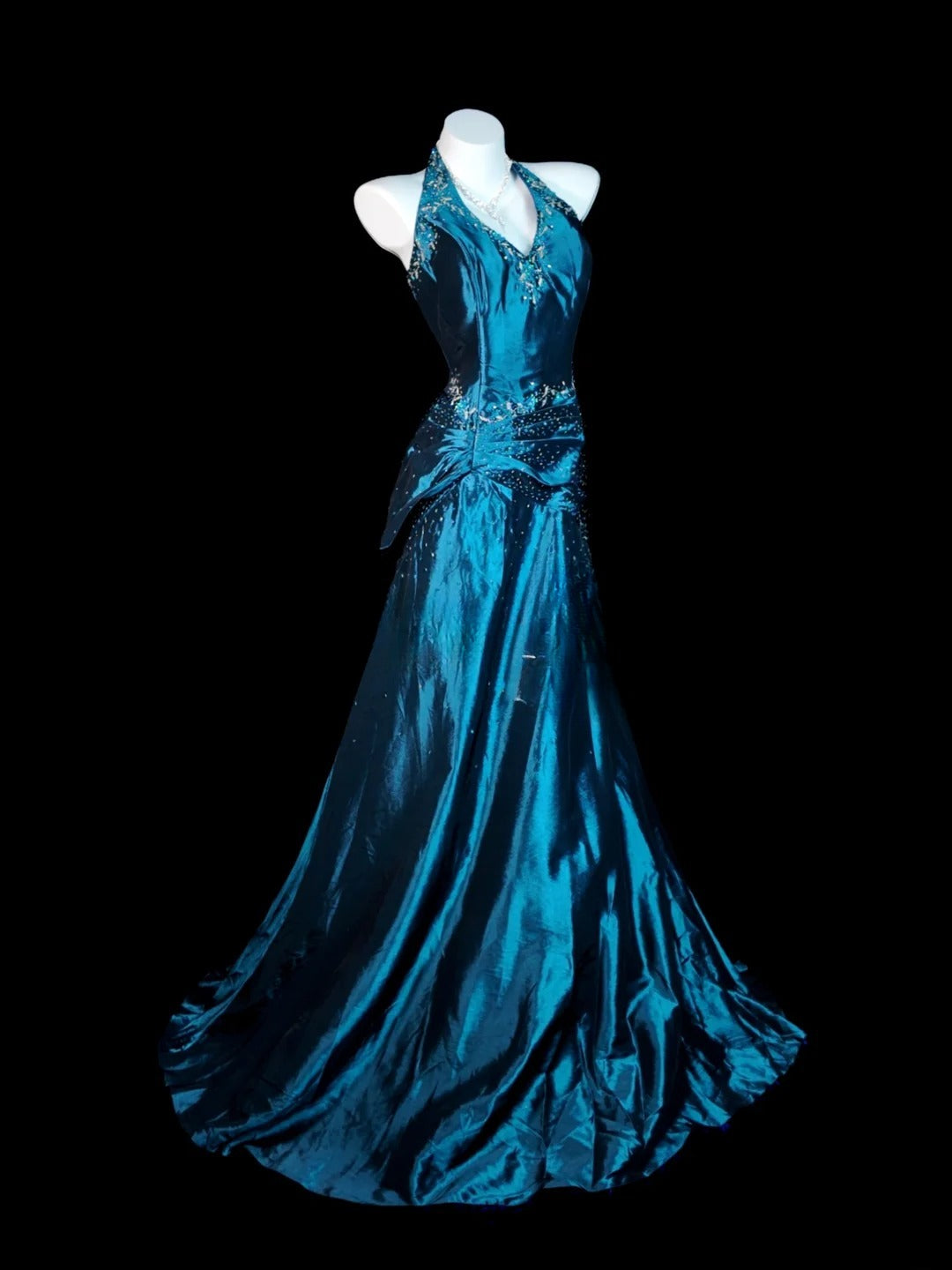 Blue Prom Dress Mermaid Halter Satin With Beading Modest Floor Length Formal Party Gown RB9834