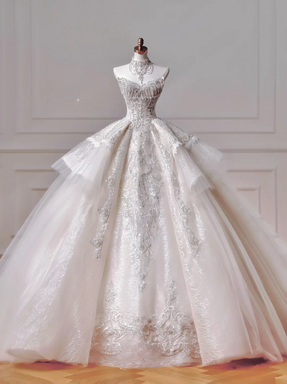 Romantic Long Wedding Dresses Ball Gown Sweetheart Tulle Lace Pleated Wedding Dress Style For Brides Fitted With Long Sleeves Bridal Gowns AQ032