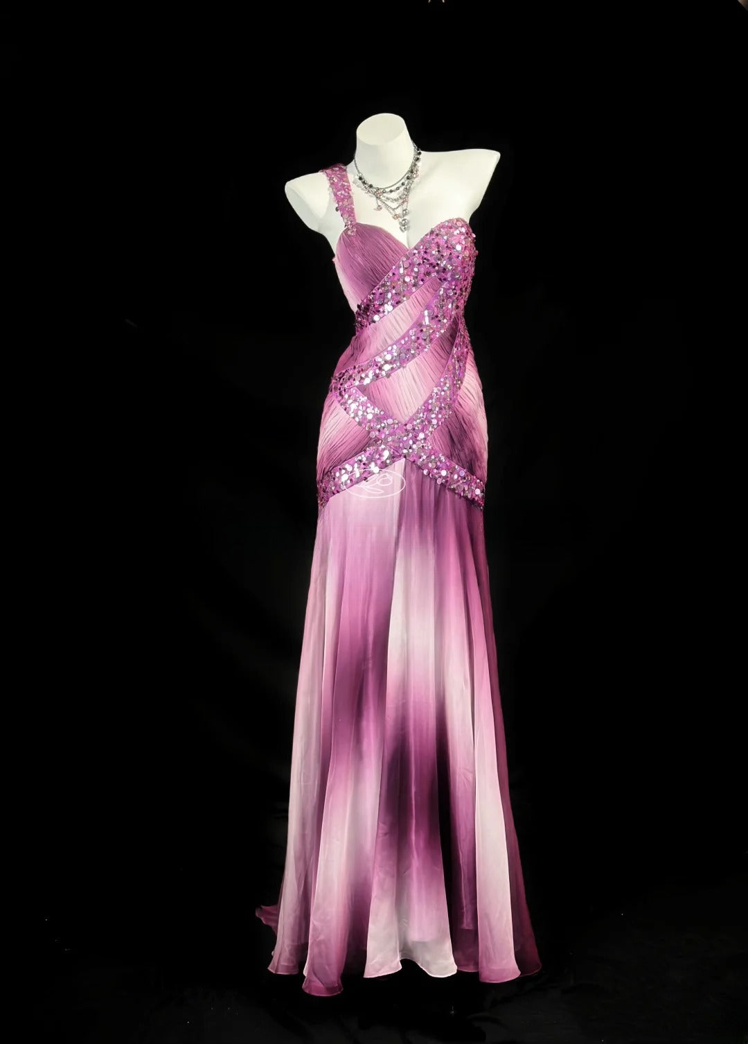 Classy Prom Dresses Mermaid One Shoulder Gradient Colors Pink Sleeveless With Beading Evening Dress Formal Outfits RB5841