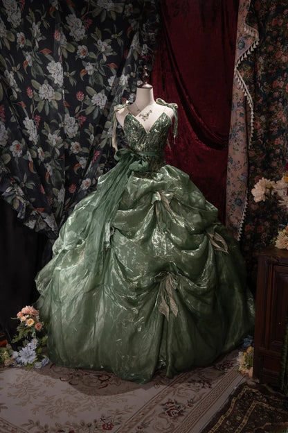 Sweet Ball Gown Spaghetti Straps Green Organza Sequin With Ruffled Long Quince Dress Quinceanera Dresses Formal Birthday Outfits RB8057