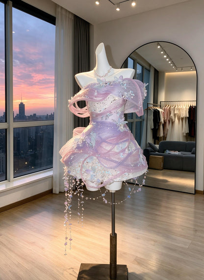 Cute Wedding Dress Fairytale Ball Gown Off Shoulder Lilac Short With Ruffled Beading Mini Bridal Gown RC1000