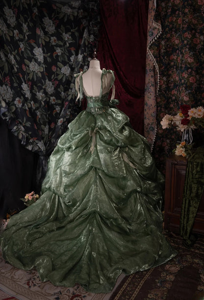 Sweet Ball Gown Spaghetti Straps Green Organza Sequin With Ruffled Long Quince Dress Quinceanera Dresses Formal Birthday Outfits RB8057