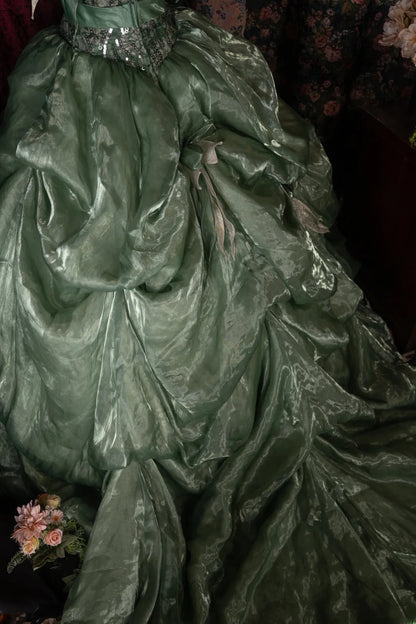 Sweet Ball Gown Spaghetti Straps Green Organza Sequin With Ruffled Long Quince Dress Quinceanera Dresses Formal Birthday Outfits RB8057
