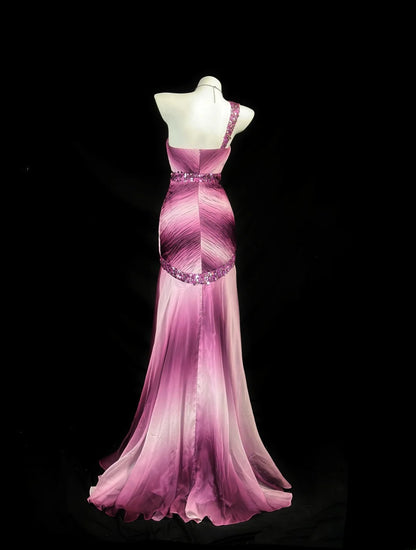 Classy Prom Dresses Mermaid One Shoulder Gradient Colors Pink Sleeveless With Beading Evening Dress Formal Outfits RB5841