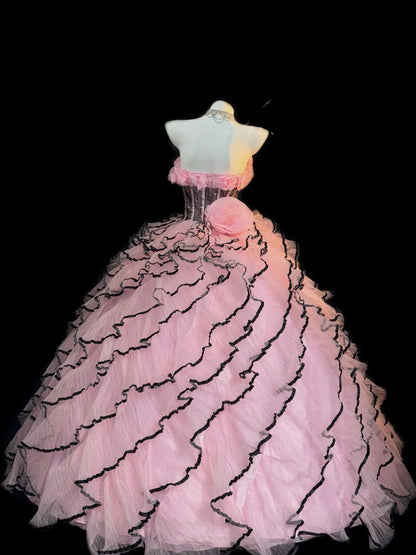 Cute Ball Gown Strapless Pink Tulle With Flower Tiered Layers Long Quinceanera Dress vestido de 15 de cenicienta RB3373