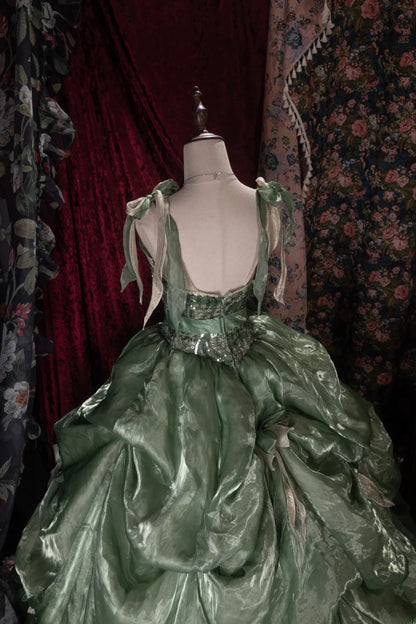 Sweet Ball Gown Spaghetti Straps Green Organza Sequin With Ruffled Long Quince Dress Quinceanera Dresses Formal Birthday Outfits RB8057