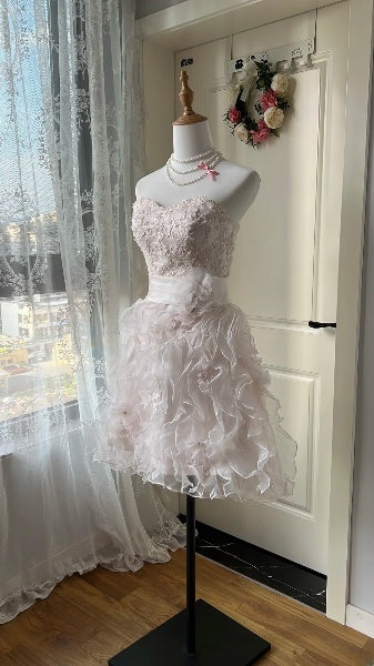 Sexy Hoco Dress A line Sweetheart Light Pink Lace Tulle Homecoming Birthday Party Dress RC0402