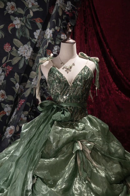 Sweet Ball Gown Spaghetti Straps Green Organza Sequin With Ruffled Long Quince Dress Quinceanera Dresses Formal Birthday Outfits RB8057