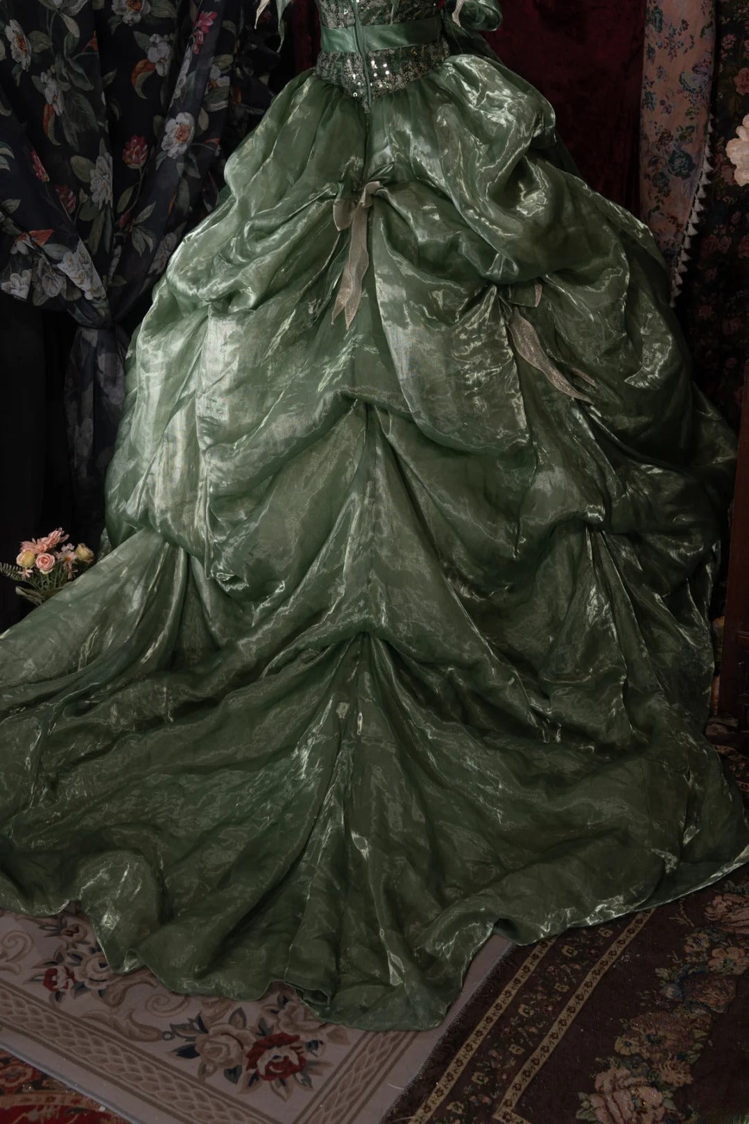 Sweet Ball Gown Spaghetti Straps Green Organza Sequin With Ruffled Long Quince Dress Quinceanera Dresses Formal Birthday Outfits RB8057