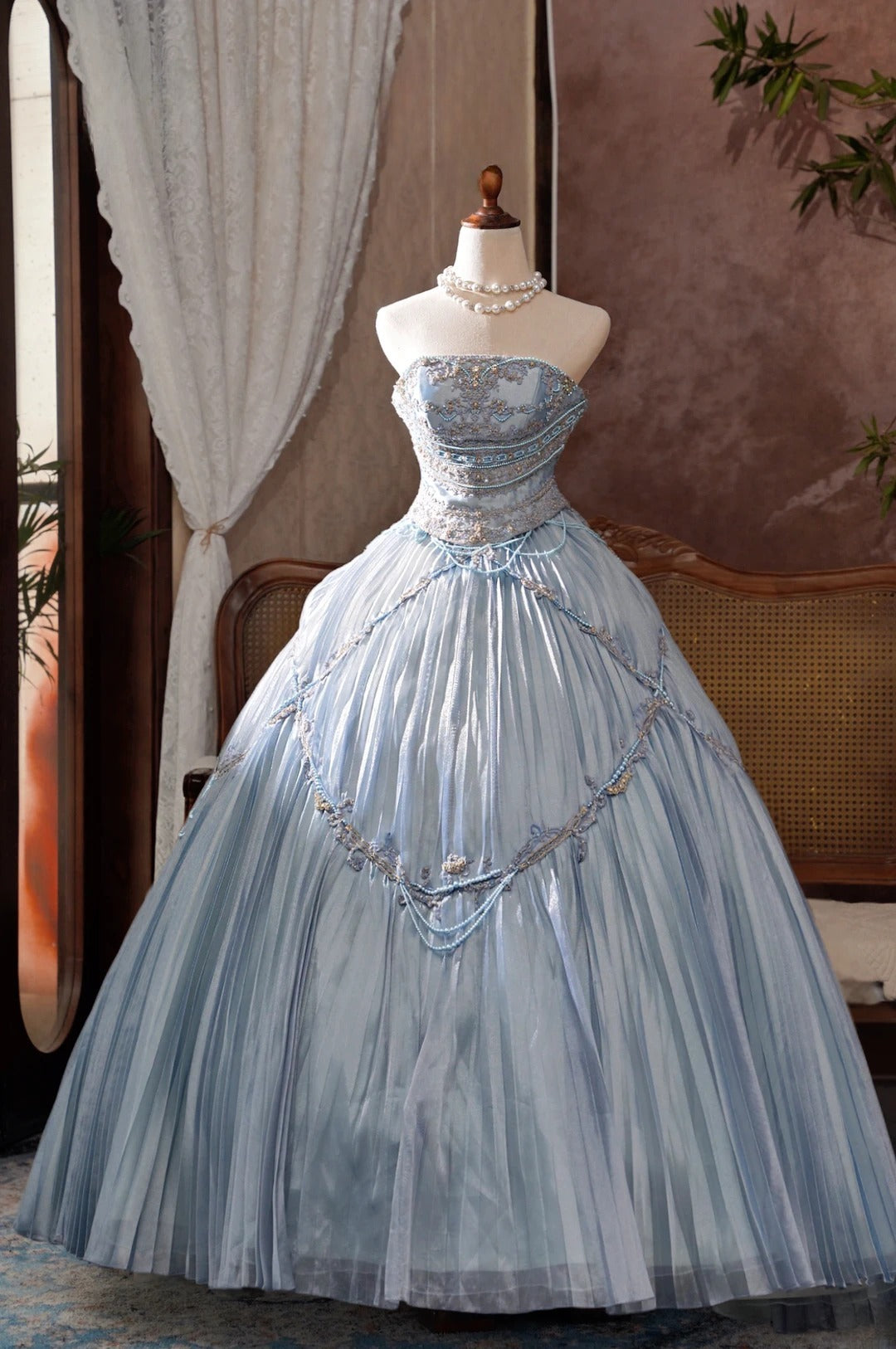 Satin Prom Dress Long Ball Gown Strapless Light Sky Blue Formal Graduation Gown RB9027