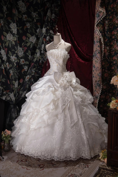 Vintage 80s Ball Gown Strapless Lace White With Appliqued Long Autumn Brides Gown Bridal Dress Wedding Dresses RB8058