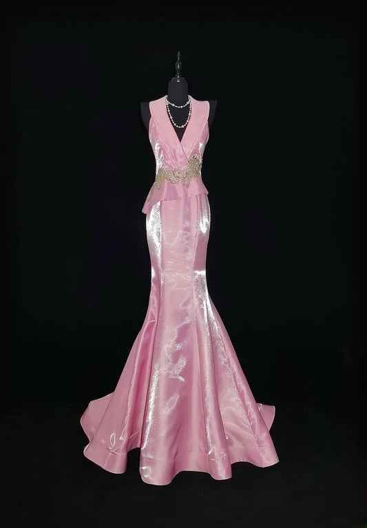 Vintage 1950s Mermaid V Neck Pink With Gold Lace Sleeveless Long Prom Dresses High School Senior Graduation Dance Evening Outfits AS033