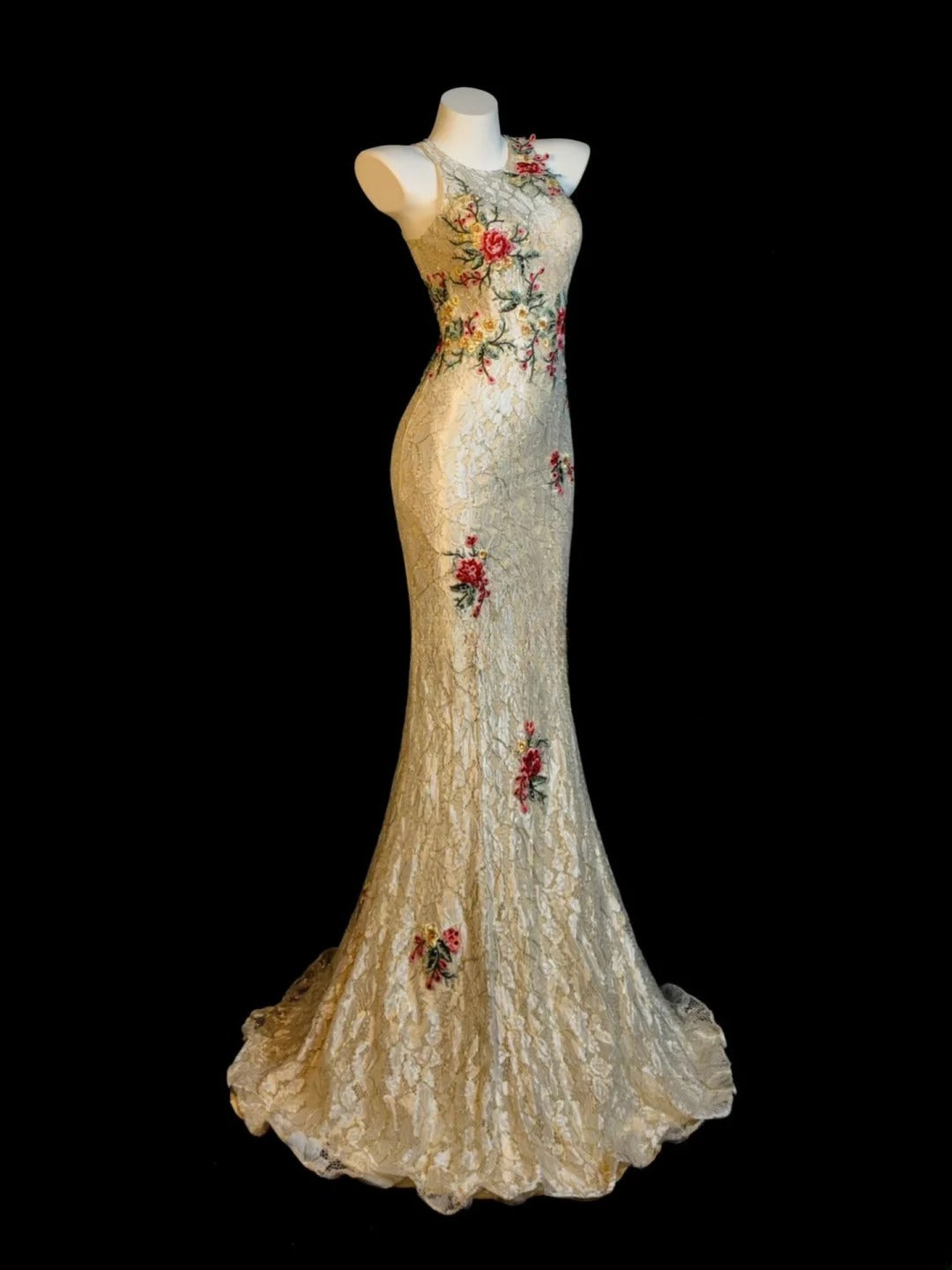 Gold Prom Dress Mermaid Lace With Beading Appliques Modest Floor Length Formal Party Gown RB9835