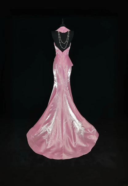 Vintage 1950s Mermaid V Neck Pink With Gold Lace Sleeveless Long Prom Dresses High School Senior Graduation Dance Evening Outfits AS033