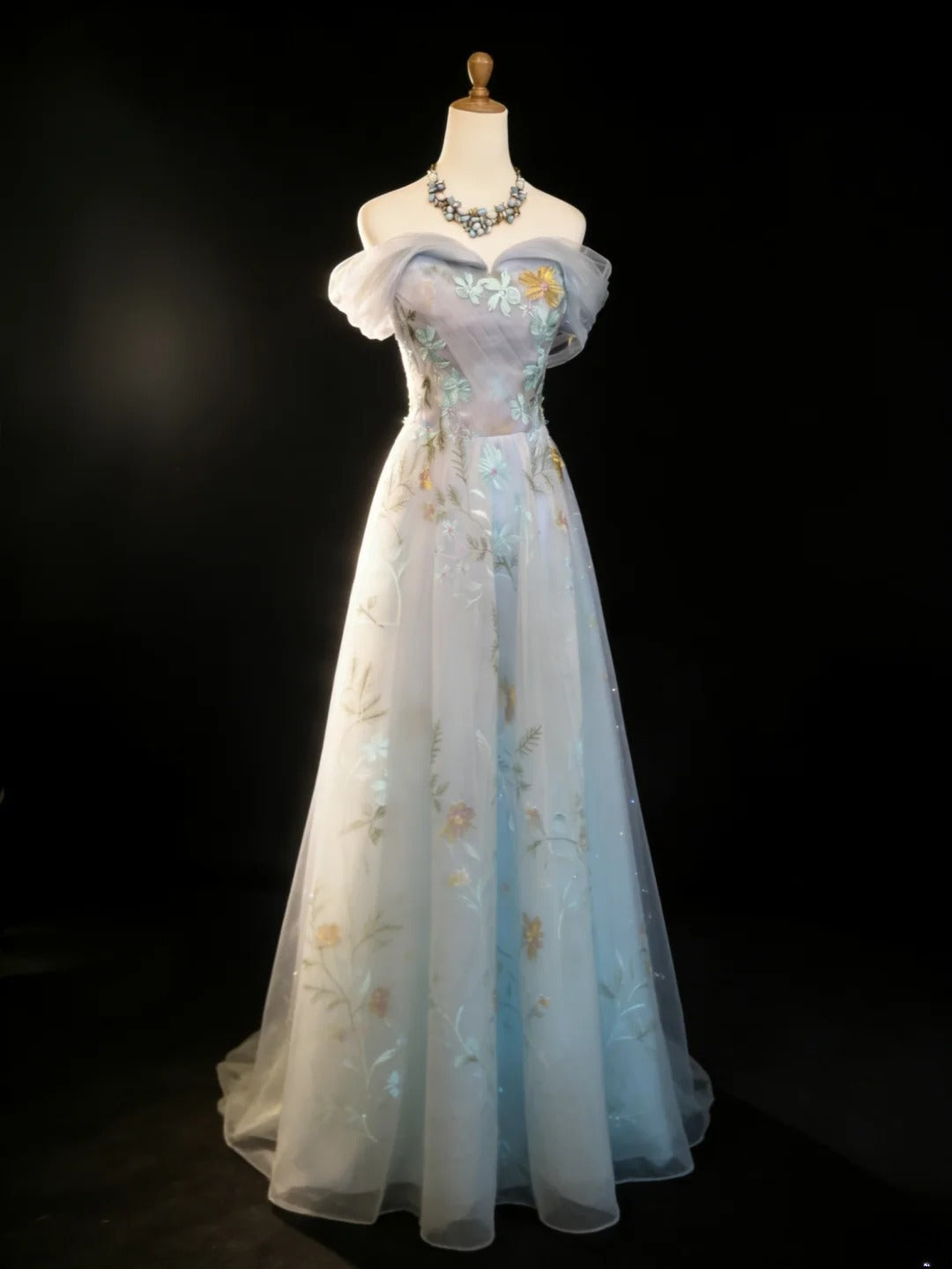 Vintage 90s A Line Off The Shoulder Light Sky Blue Floral Tulle For Women Long Prom Dresses 21st Birthday Outfits AS033