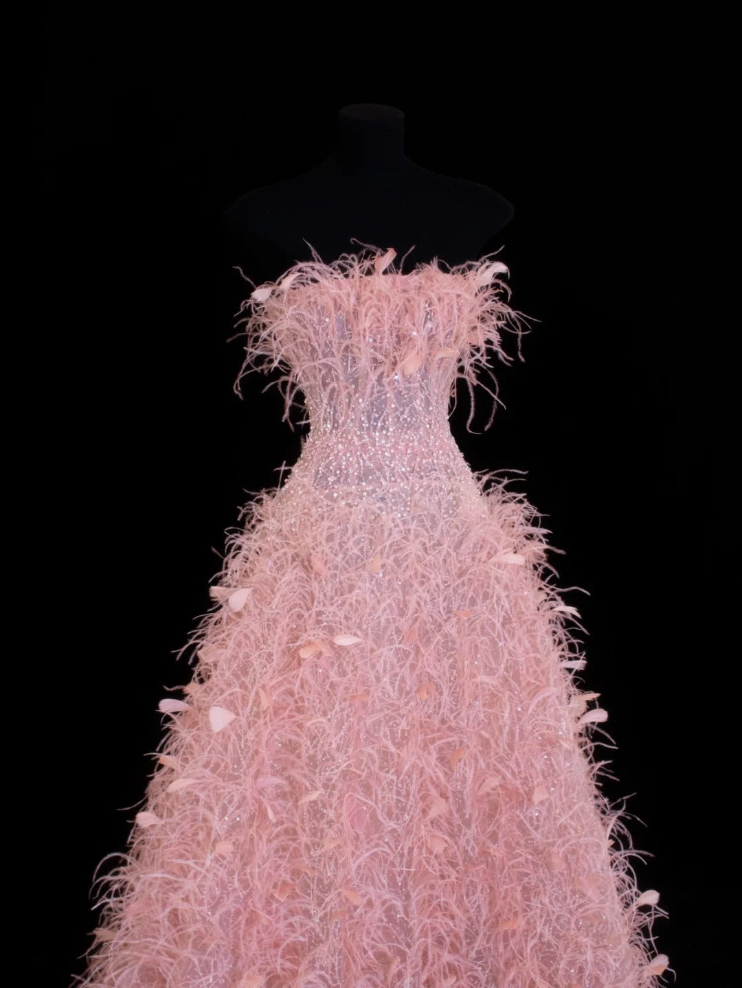 Modest Prom Dress Aesthetic Ball Gowns Strapless Tulle Pink With Feathers Style Impress Long Prom Dresses Party Formal Gown SA033