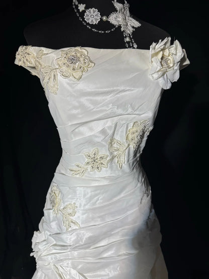 Simple Mermaid Off The Shoulder With Short Sleeves White Lace Tiered Long Vintage Fitted 1920s Wedding Dresses AS033