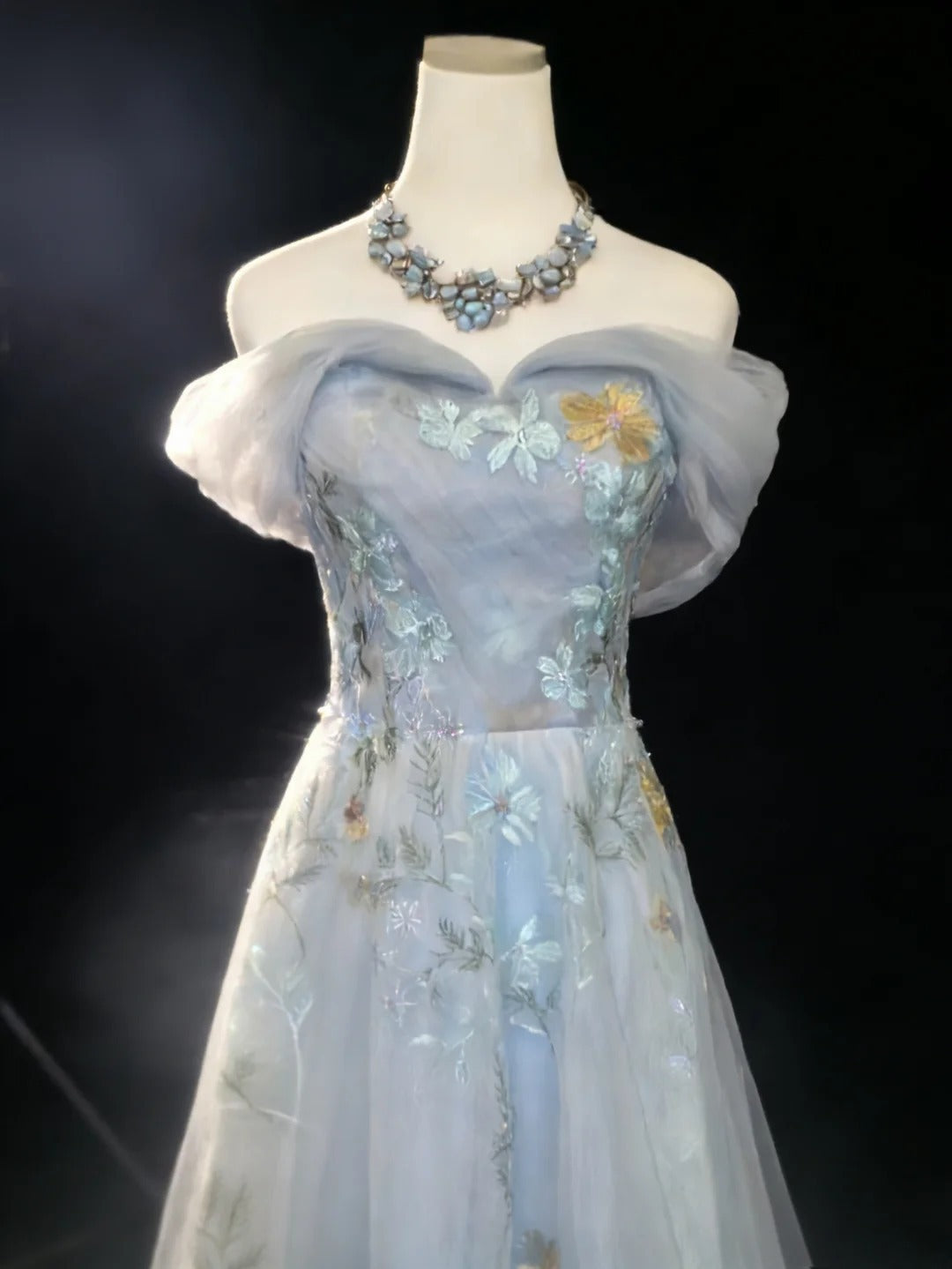 Vintage 90s A Line Off The Shoulder Light Sky Blue Floral Tulle For Women Long Prom Dresses 21st Birthday Outfits AS033