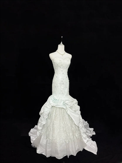 Vintage Mermaid Sweetheart White Taffeta With Beading Lace Long Brides Gown Bridal Dress Wedding Dresses Style RB7404
