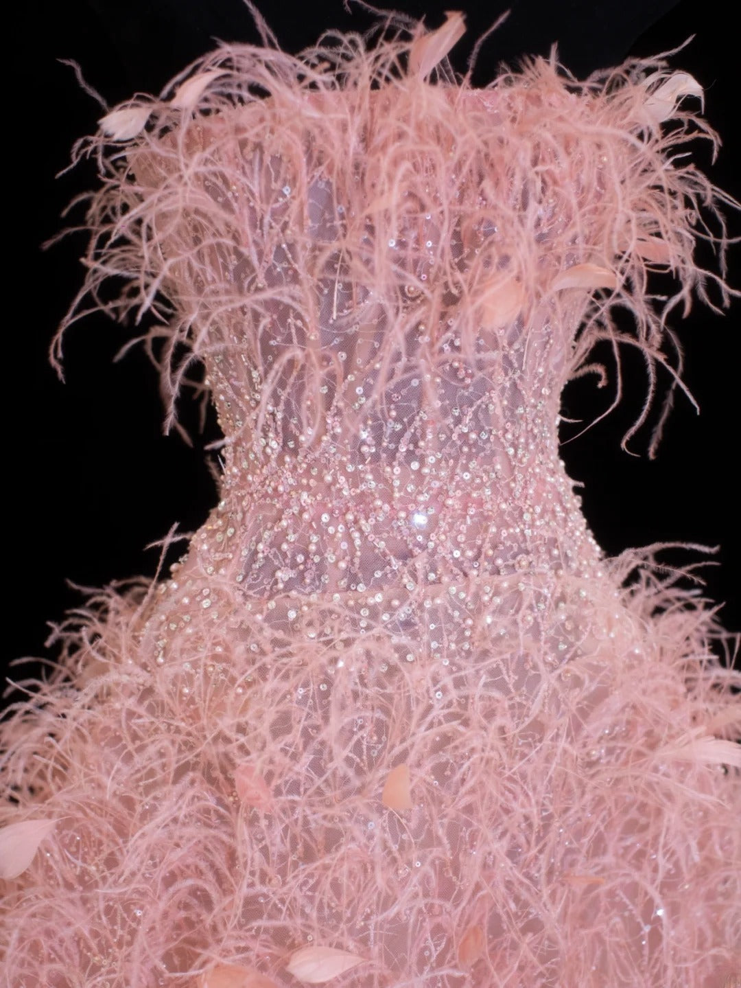 Modest Prom Dress Aesthetic Ball Gowns Strapless Tulle Pink With Feathers Style Impress Long Prom Dresses Party Formal Gown SA033