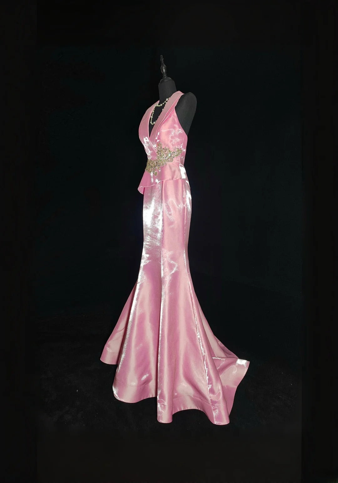 Vintage 1950s Mermaid V Neck Pink With Gold Lace Sleeveless Long Prom Dresses High School Senior Graduation Dance Evening Outfits AS033